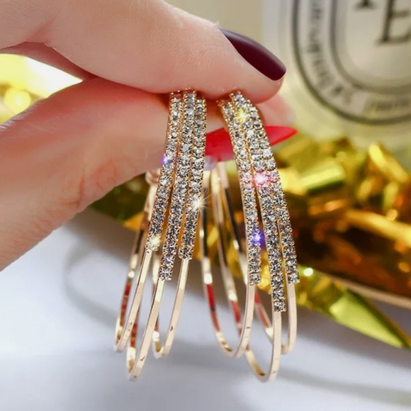 Yellow Gold Hoop Pave Diamond Earrings - Picture 5 of 8